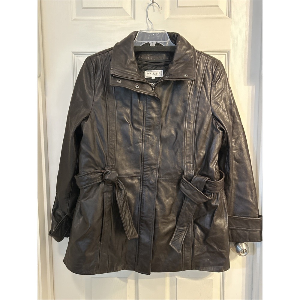 Wilson Pelle Studio Womens XL 100% Leather Belted Coat‎ Jacket Thinsulate Brown
